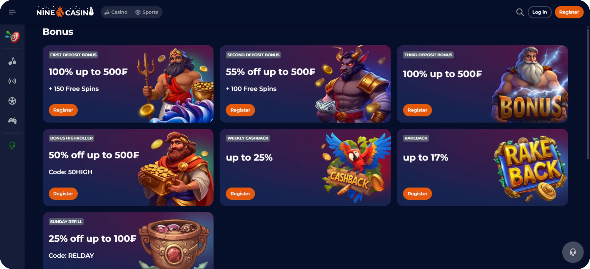 Nine Casino Switzerland bonus offers featuring deposit bonuses up to 500 CHF and free spins promotions