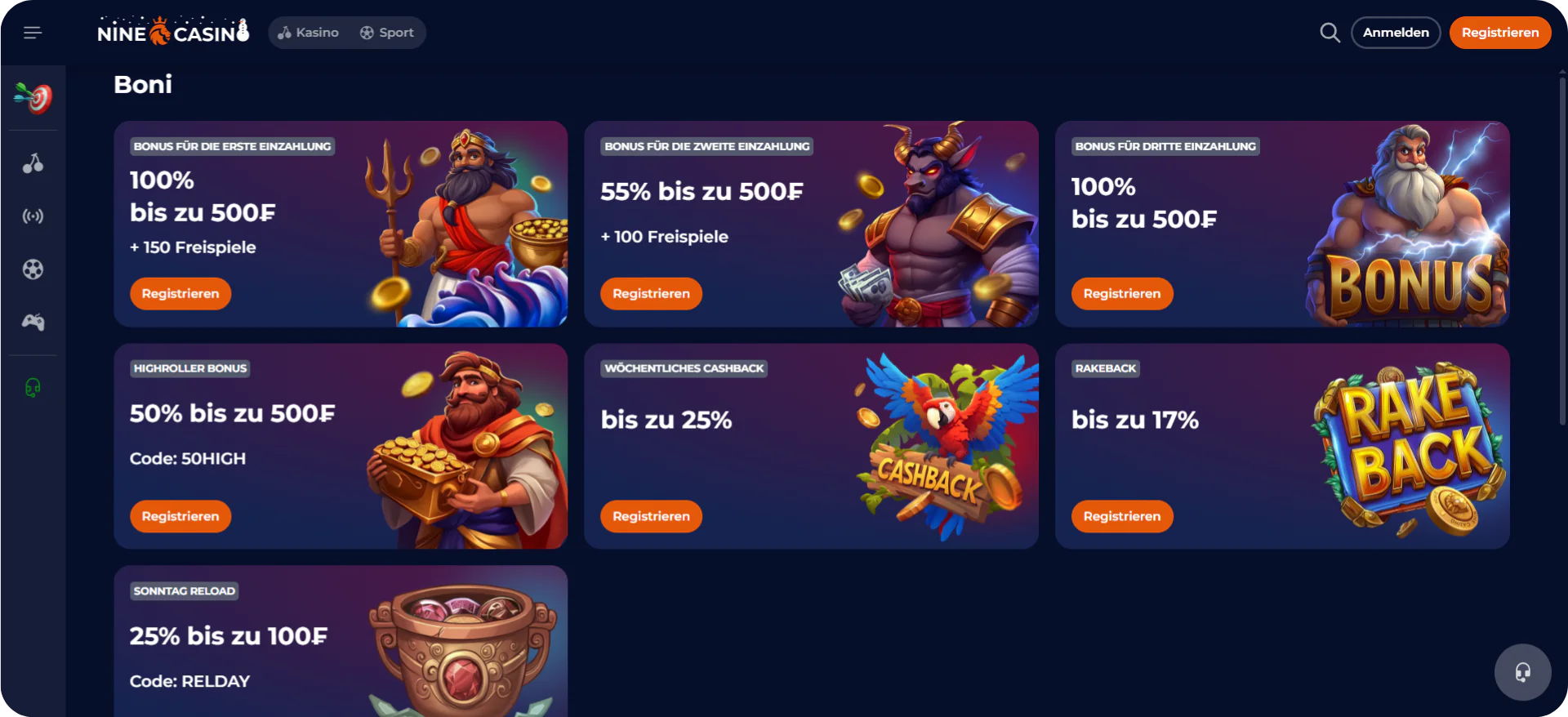 Nine Casino Schweiz Bonus-Angebote mit Einzahlungsboni bis zu 500 CHF und Freispiel-Aktionen