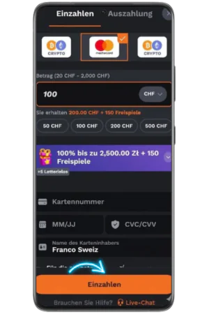 Deposit screen showing CHF options