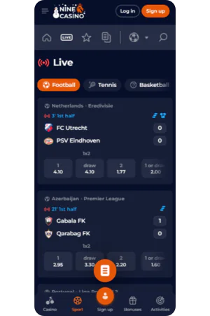 Screenshot of live events in the sports section