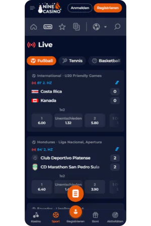 Screenshot von Live-Events im Sportbereich