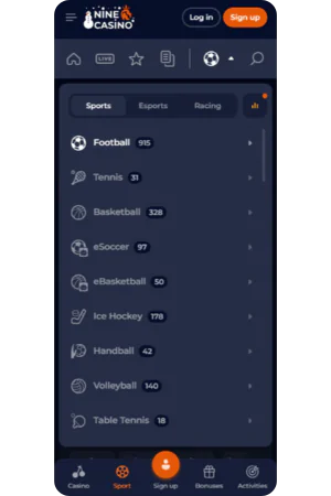 Screenshot of sports navigation