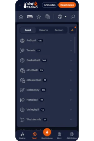 Screenshot der Sport-Navigation