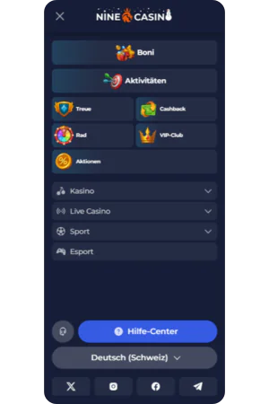 Screenshot des Navigationsmenüs